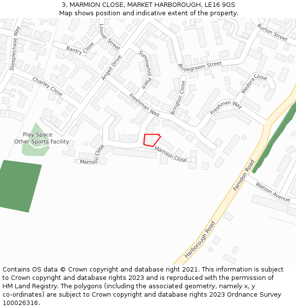 3, MARMION CLOSE, MARKET HARBOROUGH, LE16 9GS: Location map and indicative extent of plot