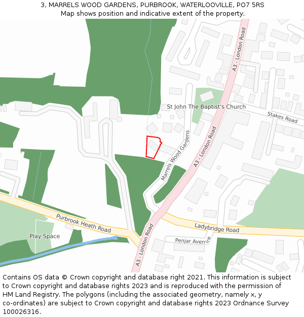 3, MARRELS WOOD GARDENS, PURBROOK, WATERLOOVILLE, PO7 5RS: Location map and indicative extent of plot