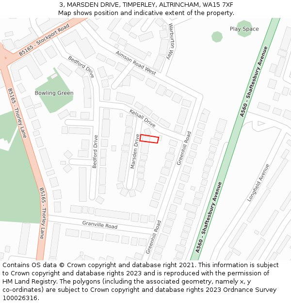 3, MARSDEN DRIVE, TIMPERLEY, ALTRINCHAM, WA15 7XF: Location map and indicative extent of plot