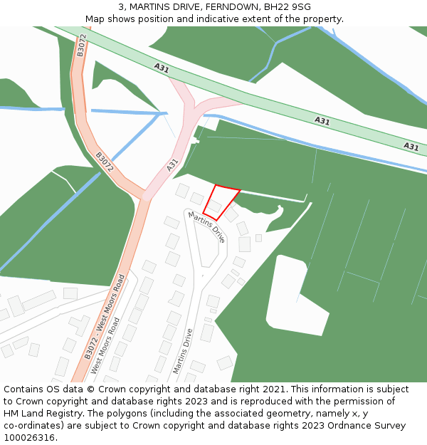 3, MARTINS DRIVE, FERNDOWN, BH22 9SG: Location map and indicative extent of plot