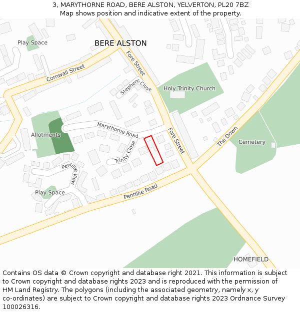 3, MARYTHORNE ROAD, BERE ALSTON, YELVERTON, PL20 7BZ: Location map and indicative extent of plot