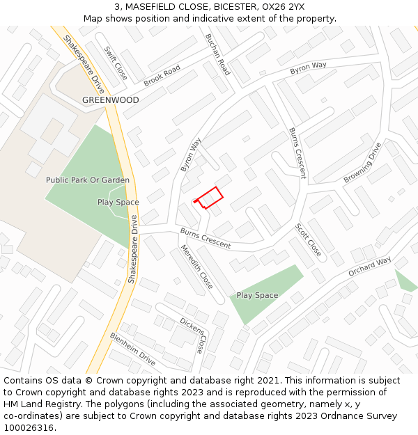 3, MASEFIELD CLOSE, BICESTER, OX26 2YX: Location map and indicative extent of plot