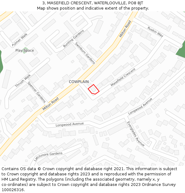 3, MASEFIELD CRESCENT, WATERLOOVILLE, PO8 8JT: Location map and indicative extent of plot