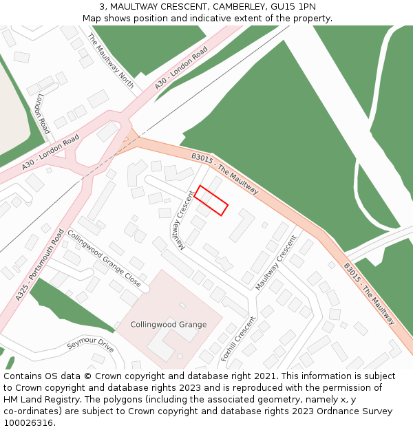 3, MAULTWAY CRESCENT, CAMBERLEY, GU15 1PN: Location map and indicative extent of plot