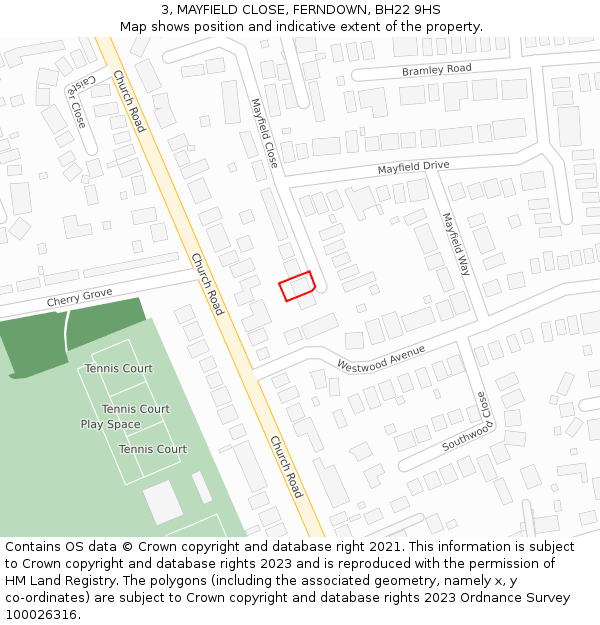 3, MAYFIELD CLOSE, FERNDOWN, BH22 9HS: Location map and indicative extent of plot