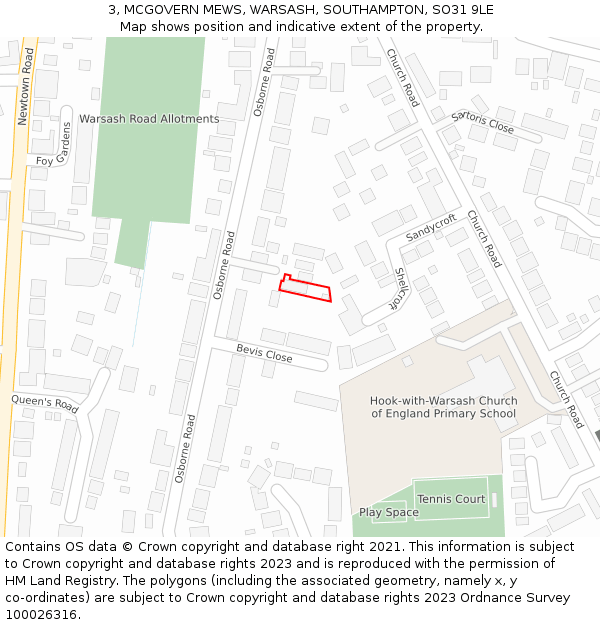 3, MCGOVERN MEWS, WARSASH, SOUTHAMPTON, SO31 9LE: Location map and indicative extent of plot