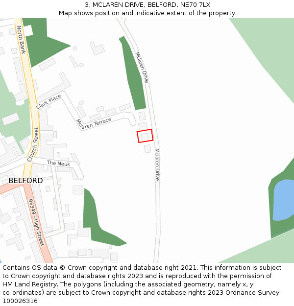 3, MCLAREN DRIVE, BELFORD, NE70 7LX: Location map and indicative extent of plot