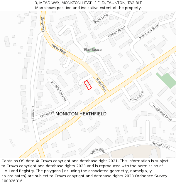 3, MEAD WAY, MONKTON HEATHFIELD, TAUNTON, TA2 8LT: Location map and indicative extent of plot