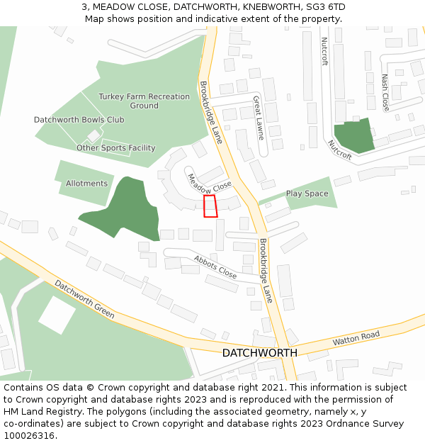 3, MEADOW CLOSE, DATCHWORTH, KNEBWORTH, SG3 6TD: Location map and indicative extent of plot