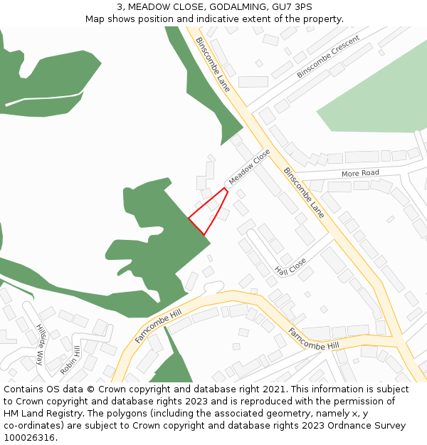 3, MEADOW CLOSE, GODALMING, GU7 3PS: Location map and indicative extent of plot