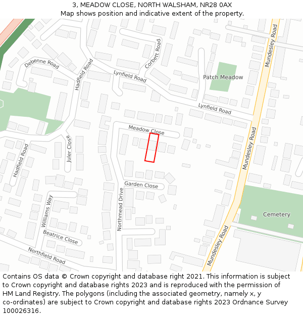 3, MEADOW CLOSE, NORTH WALSHAM, NR28 0AX: Location map and indicative extent of plot