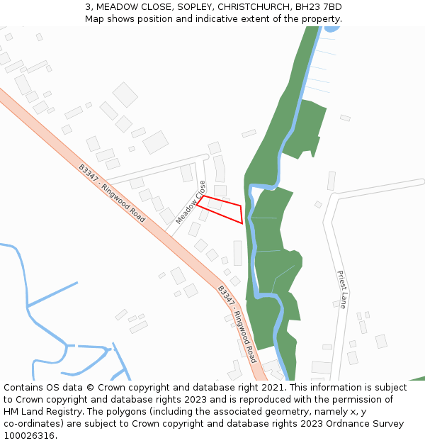 3, MEADOW CLOSE, SOPLEY, CHRISTCHURCH, BH23 7BD: Location map and indicative extent of plot