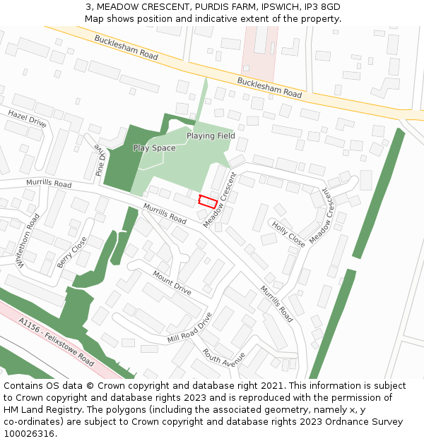 3, MEADOW CRESCENT, PURDIS FARM, IPSWICH, IP3 8GD: Location map and indicative extent of plot