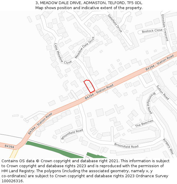 3, MEADOW DALE DRIVE, ADMASTON, TELFORD, TF5 0DL: Location map and indicative extent of plot