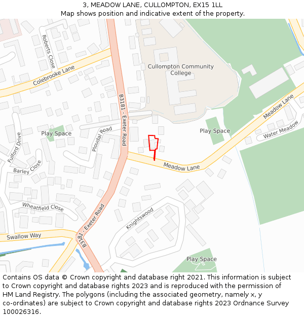 3, MEADOW LANE, CULLOMPTON, EX15 1LL: Location map and indicative extent of plot