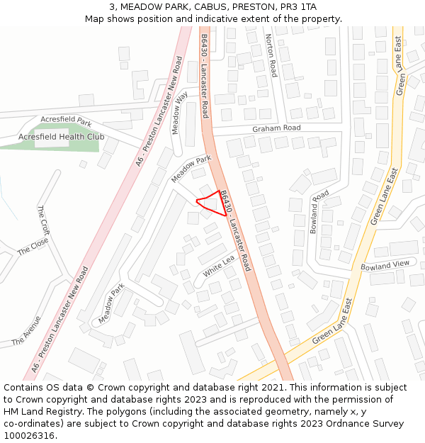 3, MEADOW PARK, CABUS, PRESTON, PR3 1TA: Location map and indicative extent of plot
