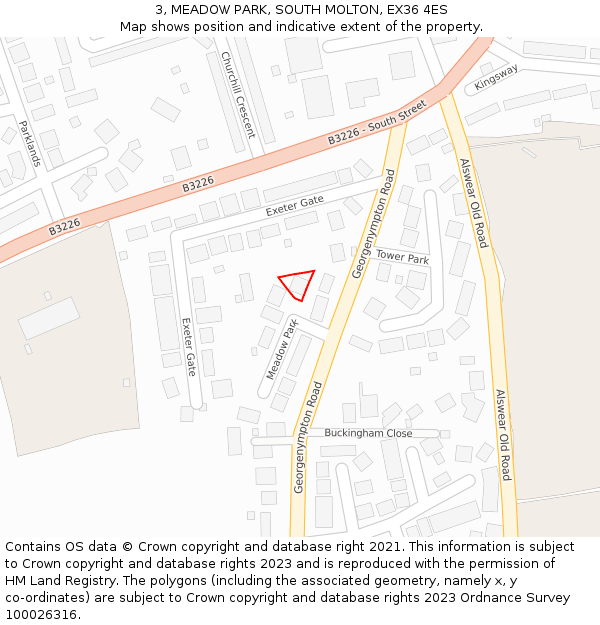 3, MEADOW PARK, SOUTH MOLTON, EX36 4ES: Location map and indicative extent of plot