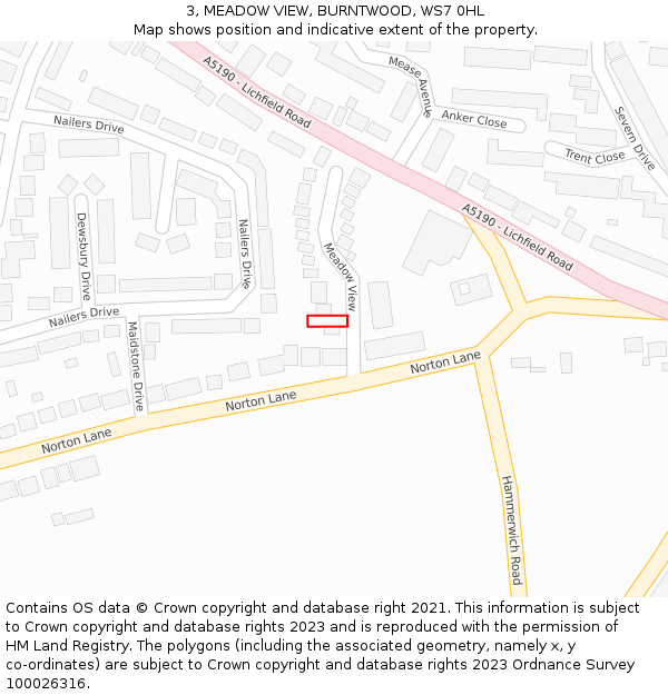 3, MEADOW VIEW, BURNTWOOD, WS7 0HL: Location map and indicative extent of plot