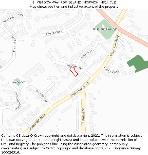 3, MEADOW WAY, PORINGLAND, NORWICH, NR14 7LZ: Location map and indicative extent of plot