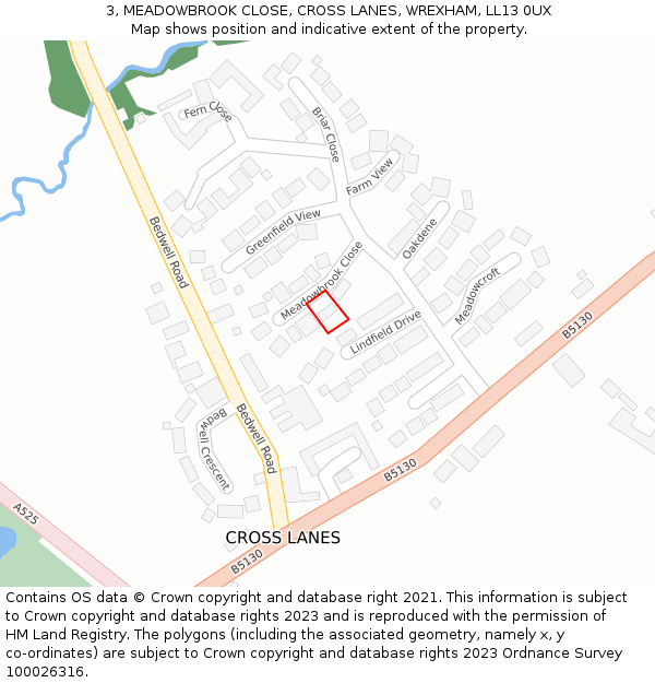 3, MEADOWBROOK CLOSE, CROSS LANES, WREXHAM, LL13 0UX: Location map and indicative extent of plot