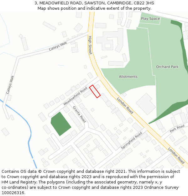 3, MEADOWFIELD ROAD, SAWSTON, CAMBRIDGE, CB22 3HS: Location map and indicative extent of plot