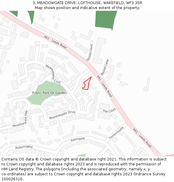 3, MEADOWGATE DRIVE, LOFTHOUSE, WAKEFIELD, WF3 3SR: Location map and indicative extent of plot