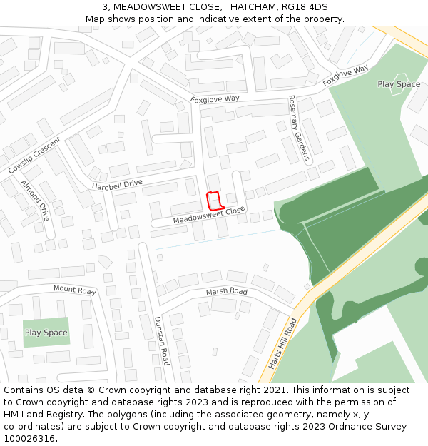 3, MEADOWSWEET CLOSE, THATCHAM, RG18 4DS: Location map and indicative extent of plot