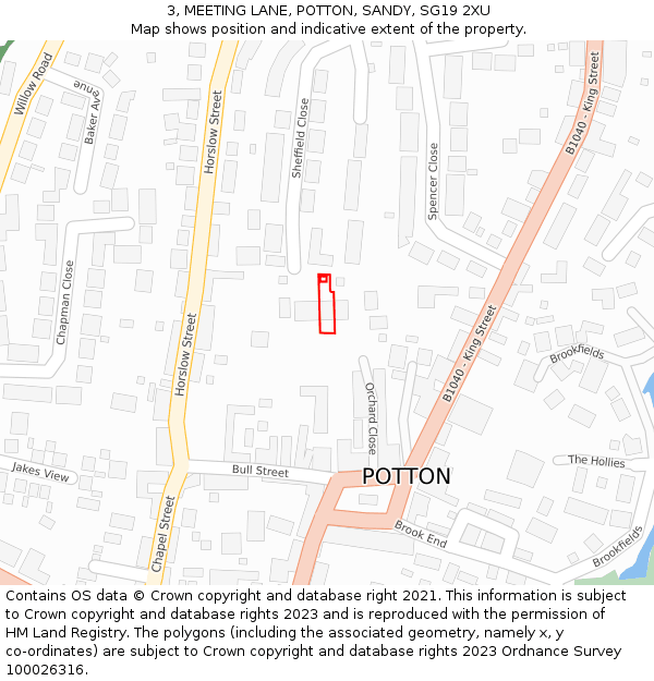 3, MEETING LANE, POTTON, SANDY, SG19 2XU: Location map and indicative extent of plot