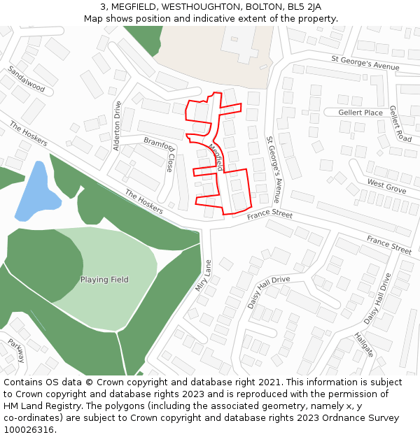 3, MEGFIELD, WESTHOUGHTON, BOLTON, BL5 2JA: Location map and indicative extent of plot