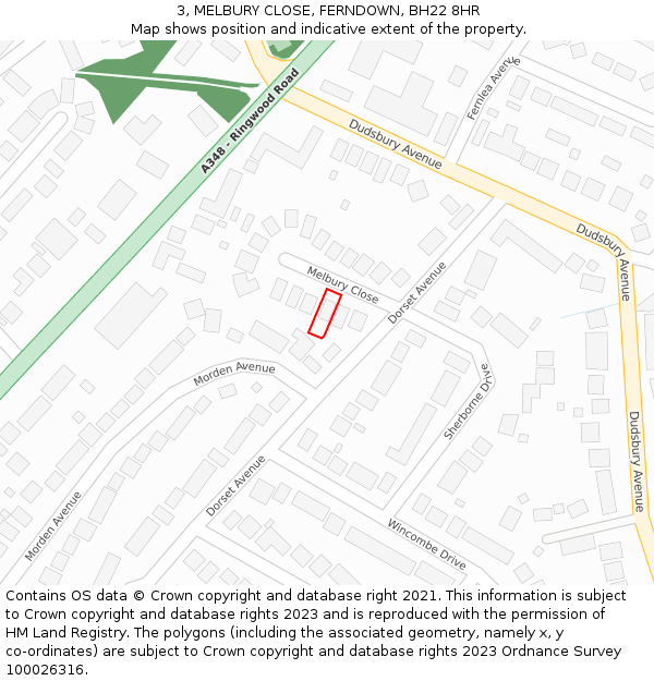 3, MELBURY CLOSE, FERNDOWN, BH22 8HR: Location map and indicative extent of plot