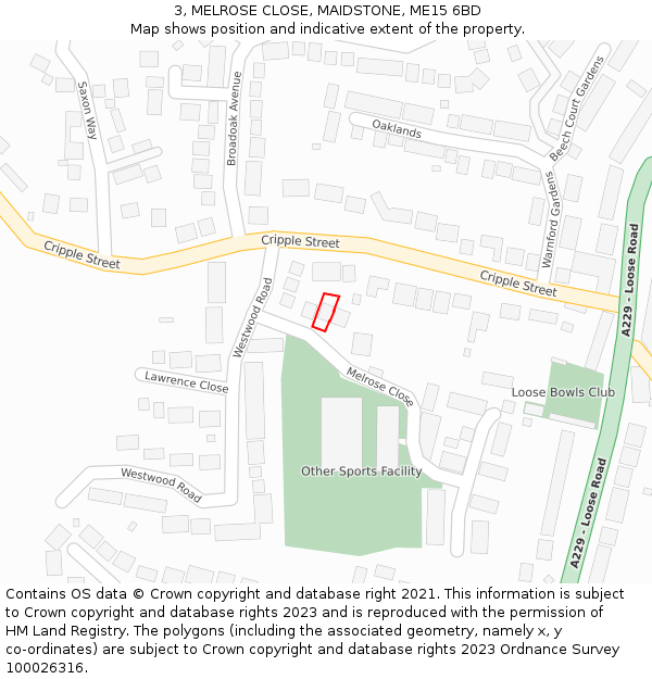 3, MELROSE CLOSE, MAIDSTONE, ME15 6BD: Location map and indicative extent of plot