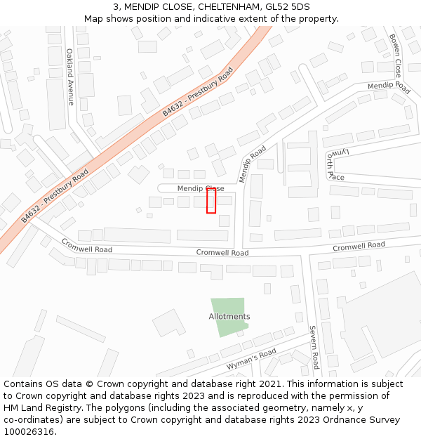 3, MENDIP CLOSE, CHELTENHAM, GL52 5DS: Location map and indicative extent of plot