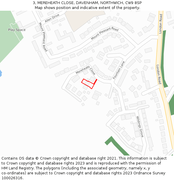 3, MEREHEATH CLOSE, DAVENHAM, NORTHWICH, CW9 8SP: Location map and indicative extent of plot