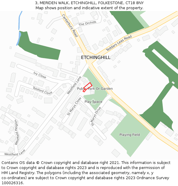 3, MERIDEN WALK, ETCHINGHILL, FOLKESTONE, CT18 8NY: Location map and indicative extent of plot