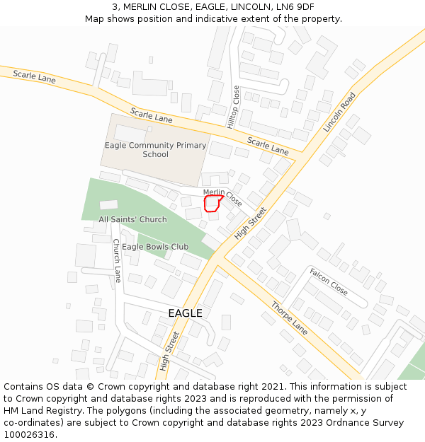 3, MERLIN CLOSE, EAGLE, LINCOLN, LN6 9DF: Location map and indicative extent of plot