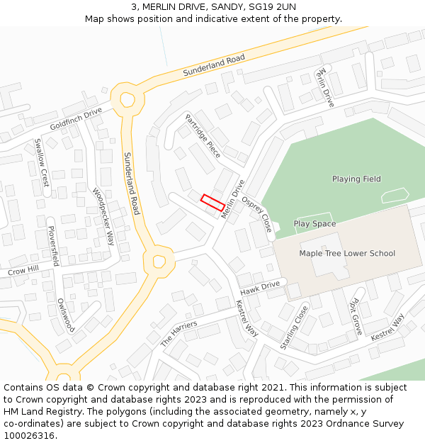 3, MERLIN DRIVE, SANDY, SG19 2UN: Location map and indicative extent of plot