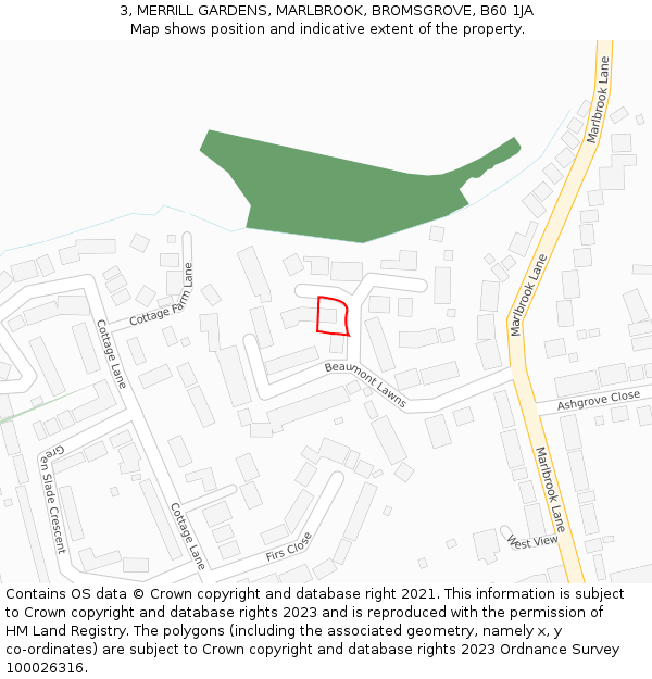 3, MERRILL GARDENS, MARLBROOK, BROMSGROVE, B60 1JA: Location map and indicative extent of plot