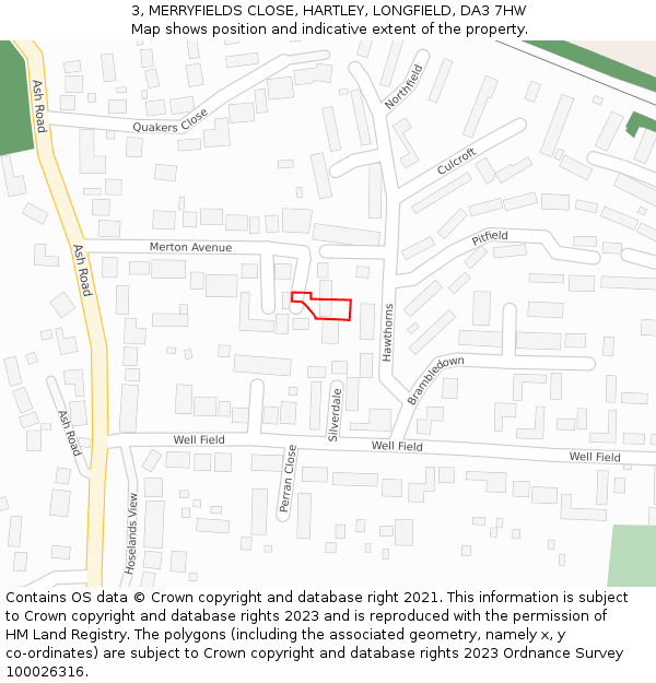 3, MERRYFIELDS CLOSE, HARTLEY, LONGFIELD, DA3 7HW: Location map and indicative extent of plot