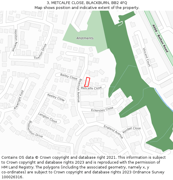 3, METCALFE CLOSE, BLACKBURN, BB2 4FQ: Location map and indicative extent of plot