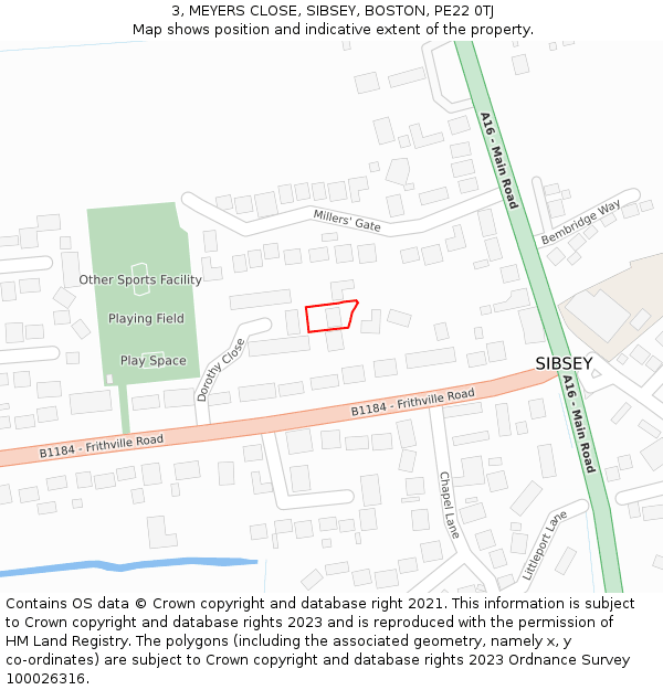 3, MEYERS CLOSE, SIBSEY, BOSTON, PE22 0TJ: Location map and indicative extent of plot