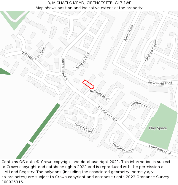 3, MICHAELS MEAD, CIRENCESTER, GL7 1WE: Location map and indicative extent of plot
