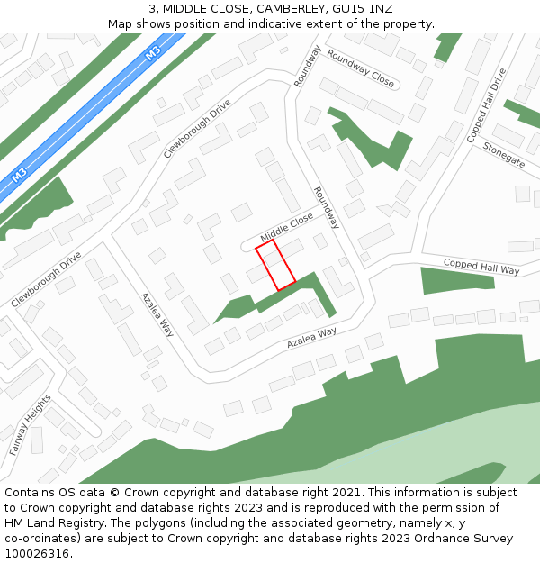 3, MIDDLE CLOSE, CAMBERLEY, GU15 1NZ: Location map and indicative extent of plot