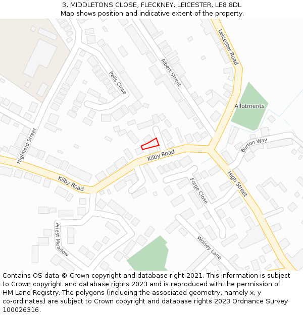 3, MIDDLETONS CLOSE, FLECKNEY, LEICESTER, LE8 8DL: Location map and indicative extent of plot