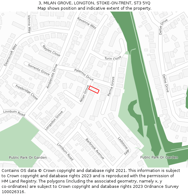 3, MILAN GROVE, LONGTON, STOKE-ON-TRENT, ST3 5YQ: Location map and indicative extent of plot