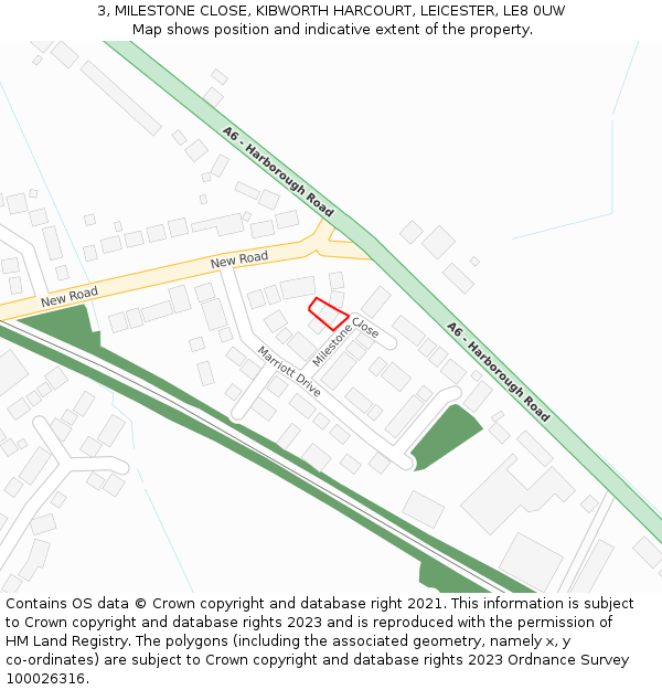 3, MILESTONE CLOSE, KIBWORTH HARCOURT, LEICESTER, LE8 0UW: Location map and indicative extent of plot