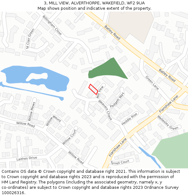 3, MILL VIEW, ALVERTHORPE, WAKEFIELD, WF2 9UA: Location map and indicative extent of plot