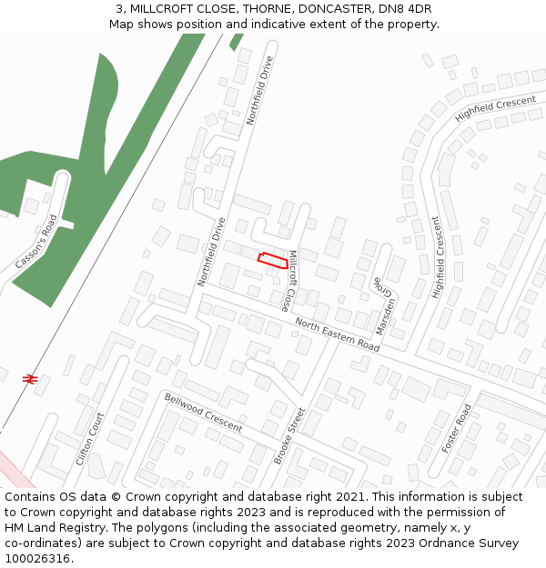 3, MILLCROFT CLOSE, THORNE, DONCASTER, DN8 4DR: Location map and indicative extent of plot