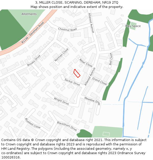 3, MILLER CLOSE, SCARNING, DEREHAM, NR19 2TQ: Location map and indicative extent of plot