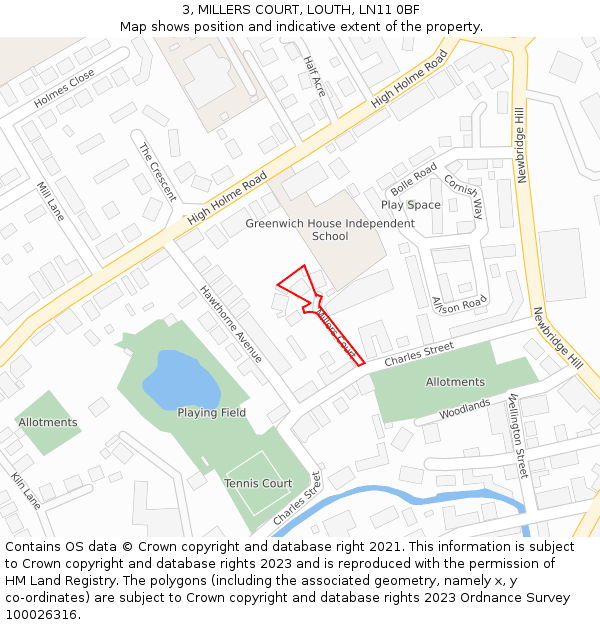 3, MILLERS COURT, LOUTH, LN11 0BF: Location map and indicative extent of plot