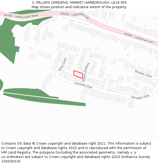 3, MILLERS GARDENS, MARKET HARBOROUGH, LE16 9FE: Location map and indicative extent of plot